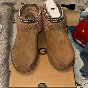 UGG Chestnut Suede Shearling Ankle Booties with Chain Trim